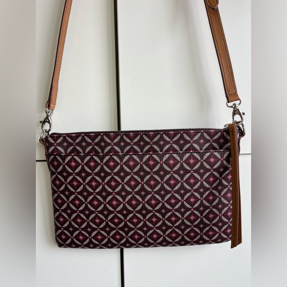 EUC Fossil Geometric Patterned Burgundy and Tan Crossbody Bag